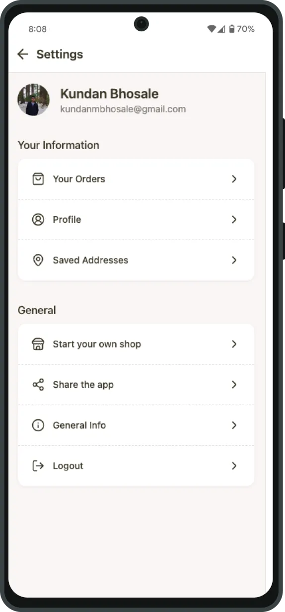 Customer app screens